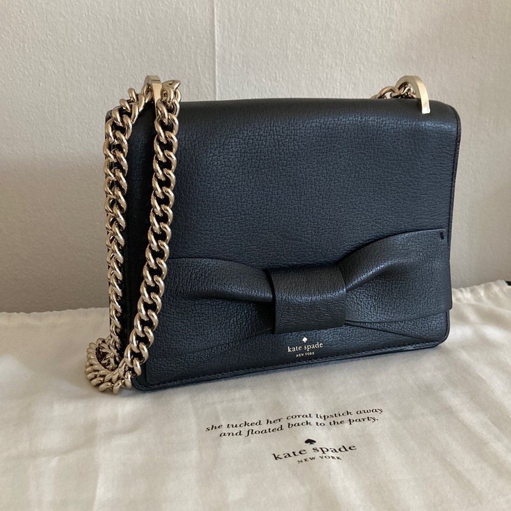 Kate Spade adjustable black leather purse with gold chain and dust bag